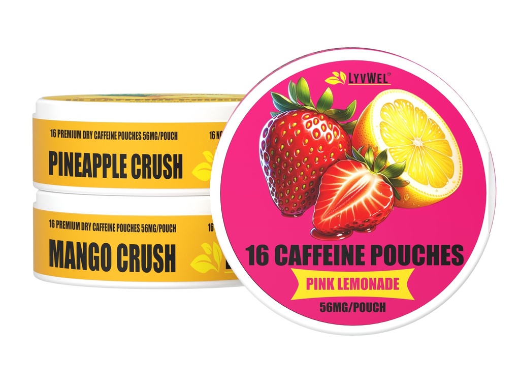 LyvWel 56mg Caffeine Energy Pouches – Pink Lemonade, Pineapple Crush, Mango Crush – Fruity Clean Energy & Focus Boost with Guarana – 3-Pack Sampler (48 Total Pouches)