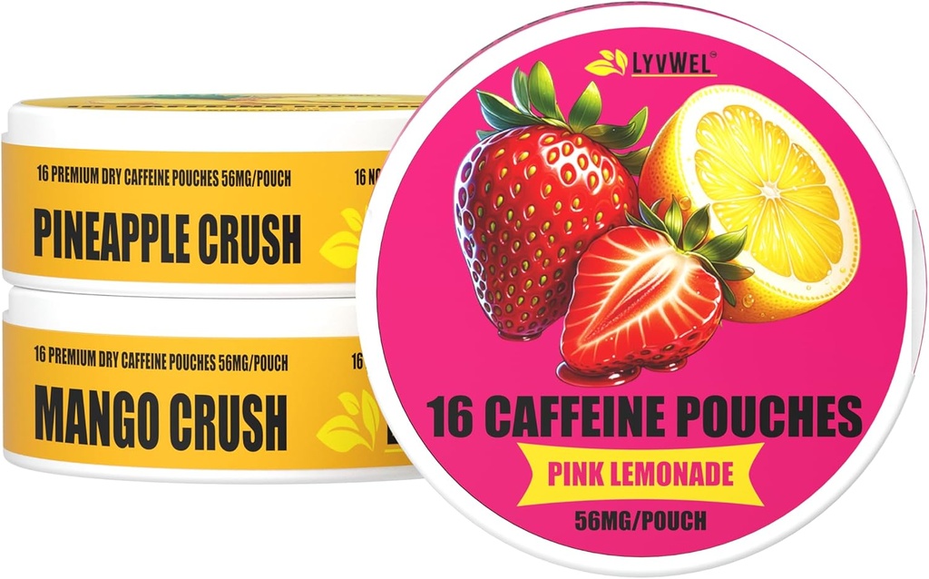LyvWel 56mg Caffeine Energy Pouches — Розовый лимонад, Ананасовый крошок, Mango Crush — Плодородная чистая энергия и увеличение фокуса с Guarana — 3-Pack Sampler (48 Total Pouches)