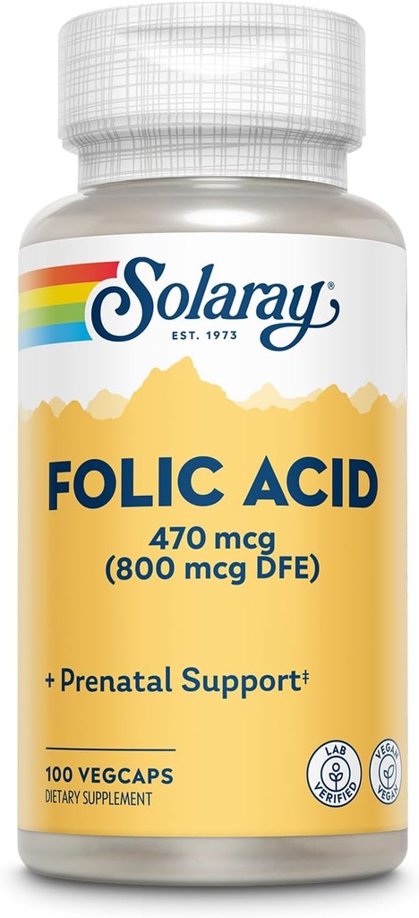 ácido fólico SOLARAY - Suplemento de ácido fólico de vitamina B9, vitamina prenatal - soporte para o desenvolvemento de células sanguíneas - Vegan, Lab verificado, 60 días de garantía - 100 servizos, 100 VegCaps