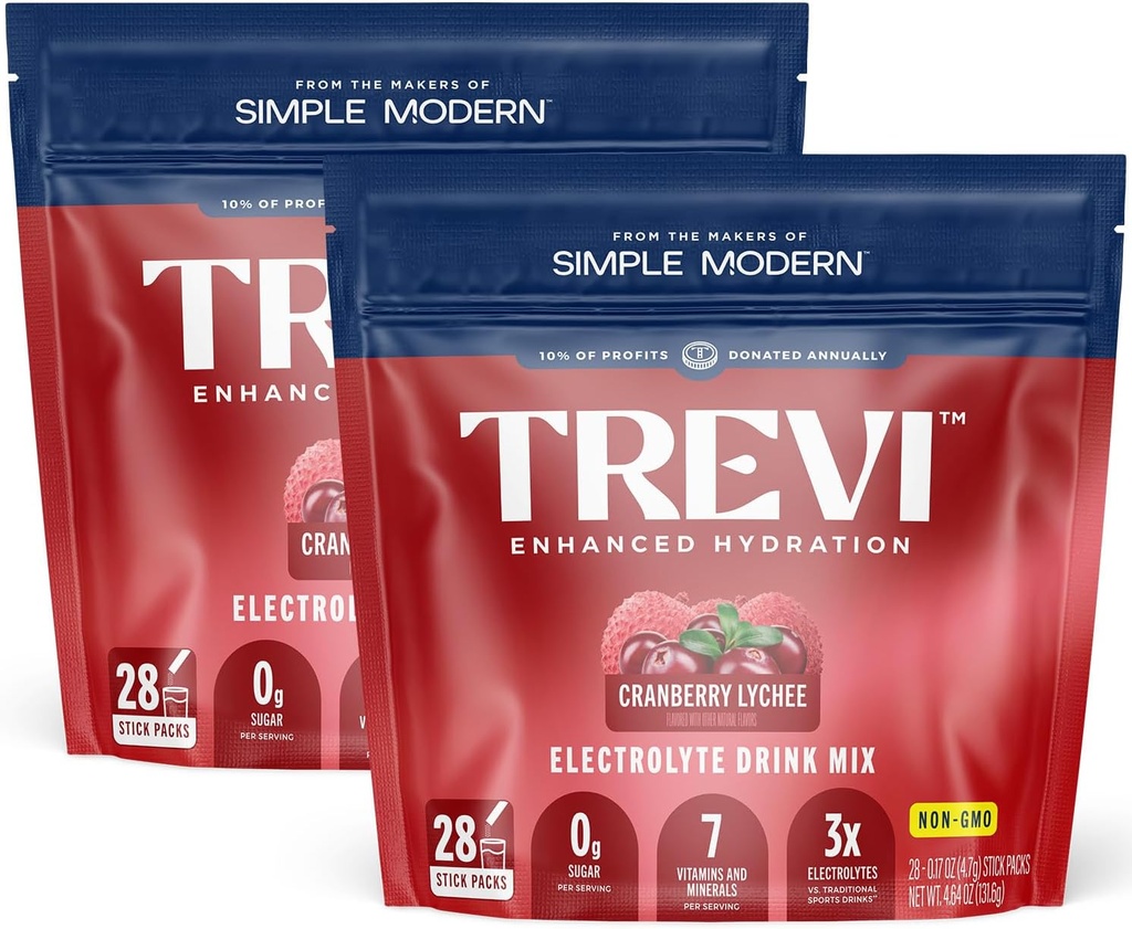 TREVITM Bezcukrové elektrolyty - Nápojová zmes Hydračné púdrové balíčky - 56 Počet - Cranberry Lychee