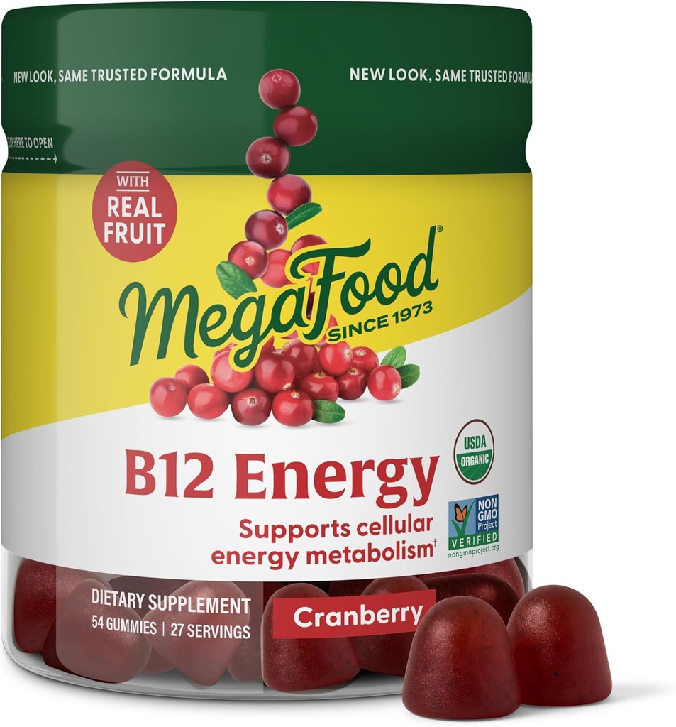 MegaFood bitamina B12 Energia Gummies - Vegan - Methyl B12 bitaminarekin Energia Zelularraren Ekoizpenari laguntzeko - Cranberry - Eguneroko B12 bitamina osagarria - USDA Organikoa - 70 Gummies, 35 zerbitzari