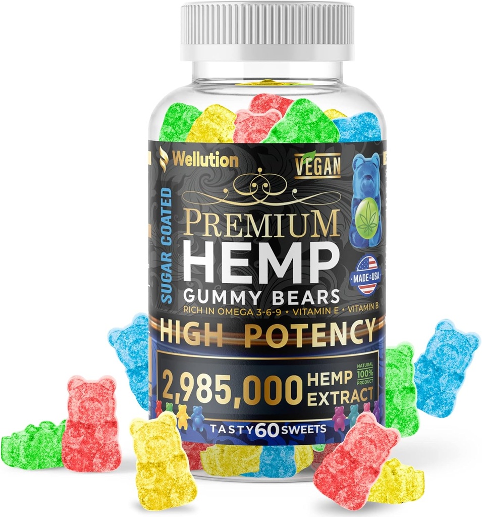 WELLUTION Sugar- Coated Hemp Gumies - High Potency 2,985000 MCG - Natural Fruity Bears for Relaxation and Peace - Fast- Action - 60ct