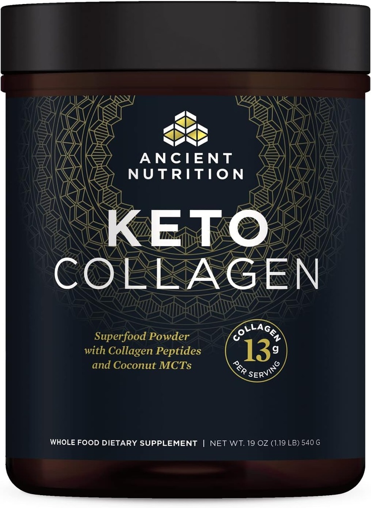 Ancient Nutrition Keto Collagen proszek napój Mix, Keto suplement diety z MCT, Zhydrolizowane Kolagen Peptydy do wsparcia zdrowej skóry i joints, 30 Servings, 19 oz (Opakowania maja Vary)