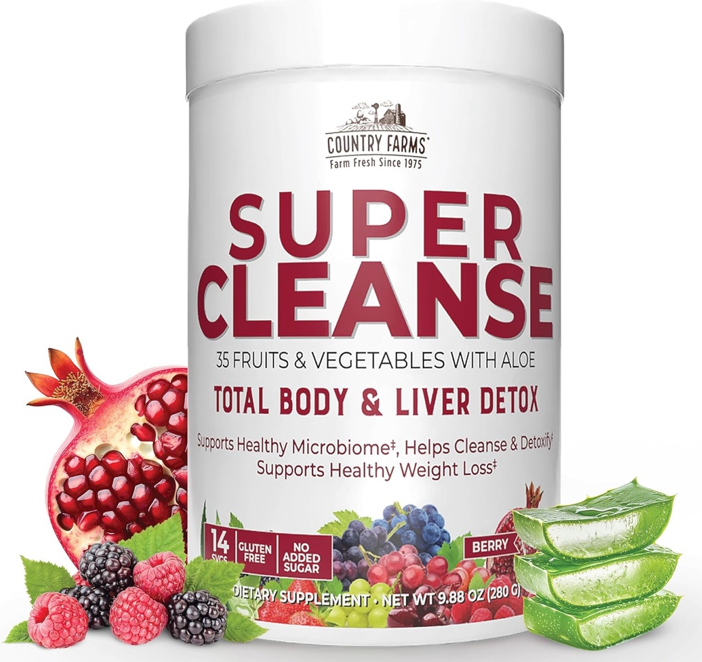 Šalis Farms Super Cleanse, Super Sultys Cleanse, Palaiko sveiką virškinimo sistema, 34 Vaisiai ir daržovės su Aloe, Skatina Natūralus Detoksikacija, Geriamas milteliai, 14 Paslaugos, 9.88 Ounce