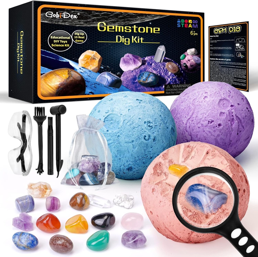 Gobidex Gemstones Dig Kit, Solar System Science Kit for Kids, Excavate 15 Real Gems, STEM Educational Space Boys Planet Collection Kit, Archaeology Geology Science Projects Подарък за момчета и момичета Възраст 6+