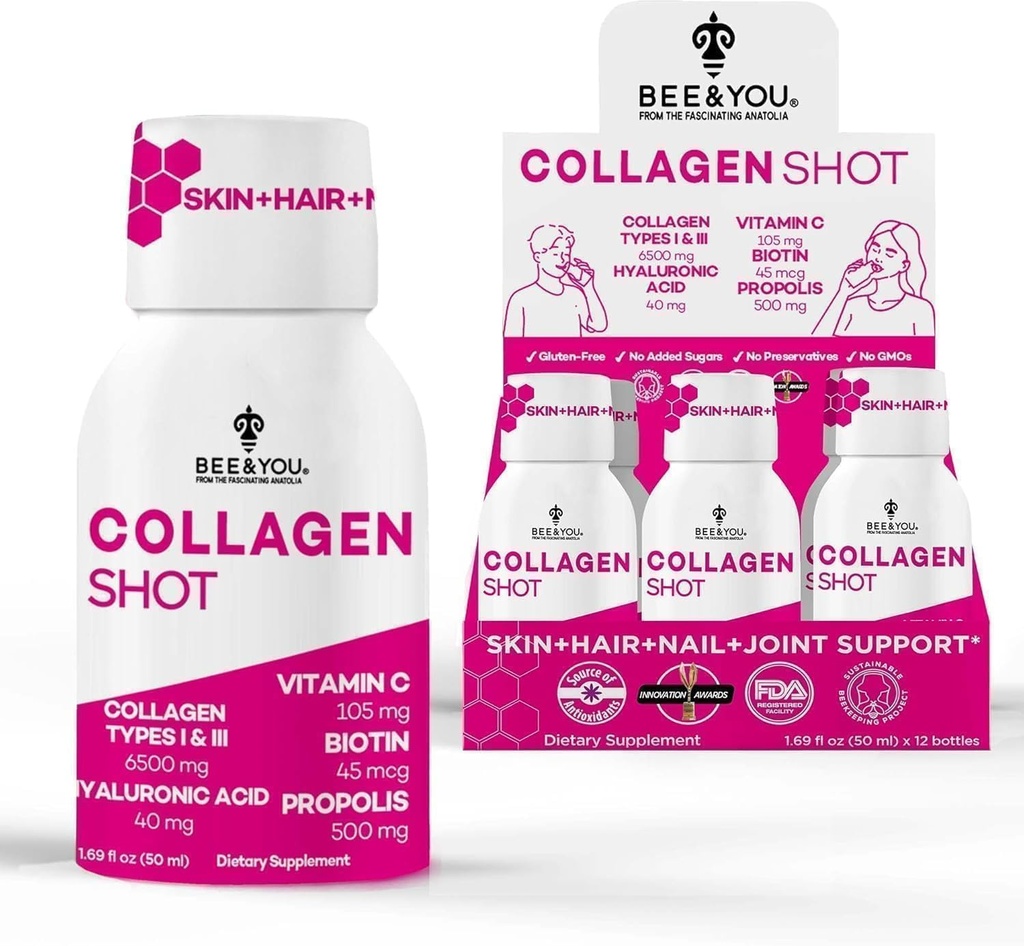 Biene und Sie Collagen Liquid Shot Drink mit Vitamin C, Propolis Extrakt, Hyaluronsäure, Biotin, fördert Haut, Haar, Nagel und Joint Health, 1.69 fl. Oz x 12 Pack