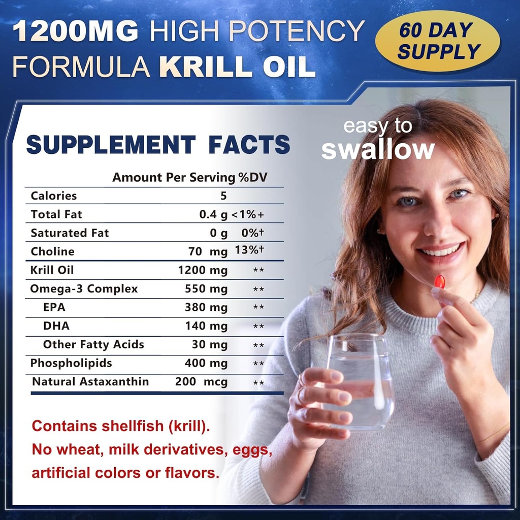 Olio di Krill 1200 mg Omega 3 Supplemento, Olio di Krill Omega 3 con EPA ad alto assorbimento, DHA, Astaxanthin & Phospholipids, Supporta il cuore e la salute comune, No Fishy Aftertaste - 120 Softgels (60 Servings)