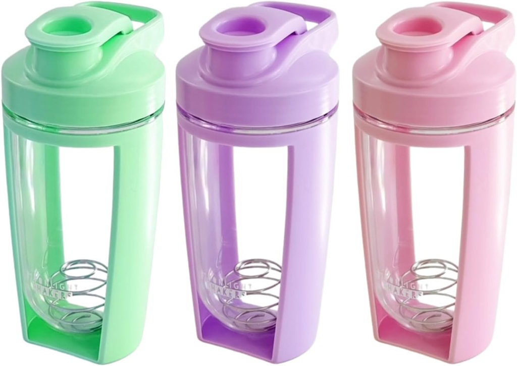 Moonlight Makers Set dari 3 Cute 16oz Protein Shake Bottle, Steel Whilk Ball - Leakproof, Dishwatter Safe Gym Bottle, Shaker Cups for Protein Shakes, Pretraining Minefured Mixer Cup - Pink, Green, Purple