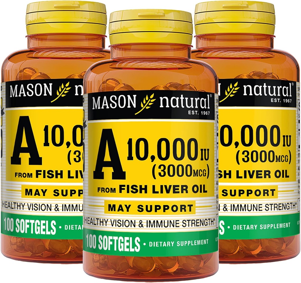 MASON NATURAL Vitamin A 3,000 mcg (10,000 IU) from Fish Liver Oil, Supports Vision ' Immune Health, 100 Softgels, Pack of 3
