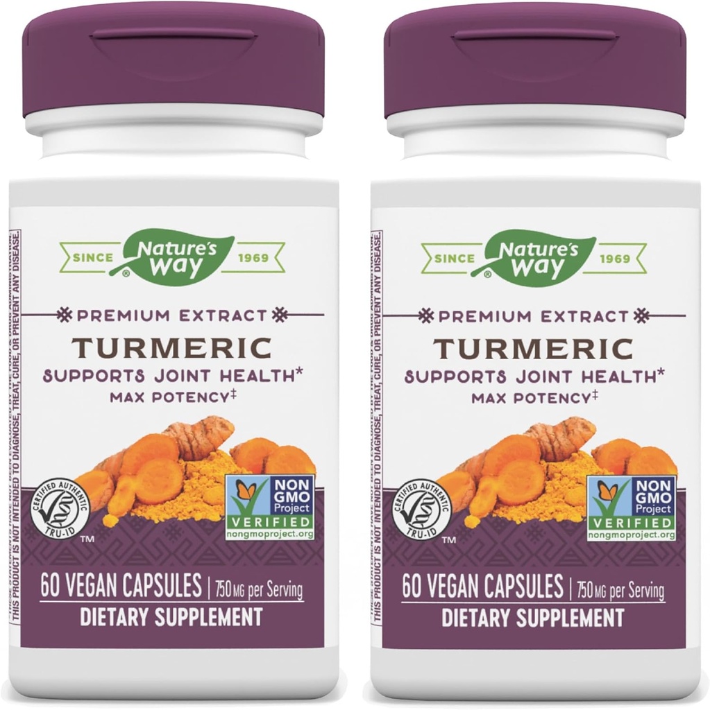 Nature's Way Turmeric Max Potency Premium Extract - Turmeric Supplement for Joint Support* - With Turmeric Extract - for Men & Women - Gluten Free - 60 Vegan Capsules (2ko paketea)