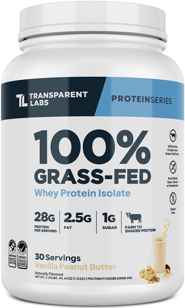 Transparent Labs Grass-Fed Whey proteína isolato - naturalmente Flavored, Gluten Free Whey Protein Powder con 28g de proteína por servizo e 9 Aminoácidos - 30 porcións, manteiga de cacahuete de vainilla