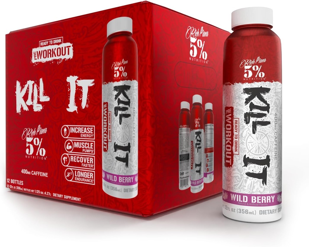 5 % 영양 킬 It Ready-to-Drink High Stim Pre Workout | 400mg 카페인 에너지 음료 | Extreme Pump, Endurance, Focus & Hydration | Citrulline, Beta Alanine, 타우린 | 12 Pack (Wild Berry)