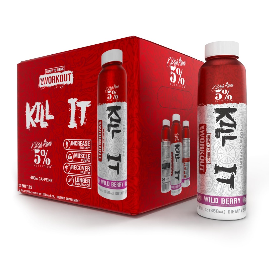 5% Nutrition Kill It Ready-to-Drink High Stim Pre Workout | 400mg Caffeine Energy Drink | Extreme Pump, Endurance, Focus & Hydration | Citrulline, Beta Alanine, Taurine | 12 Pack (Wild Berry)