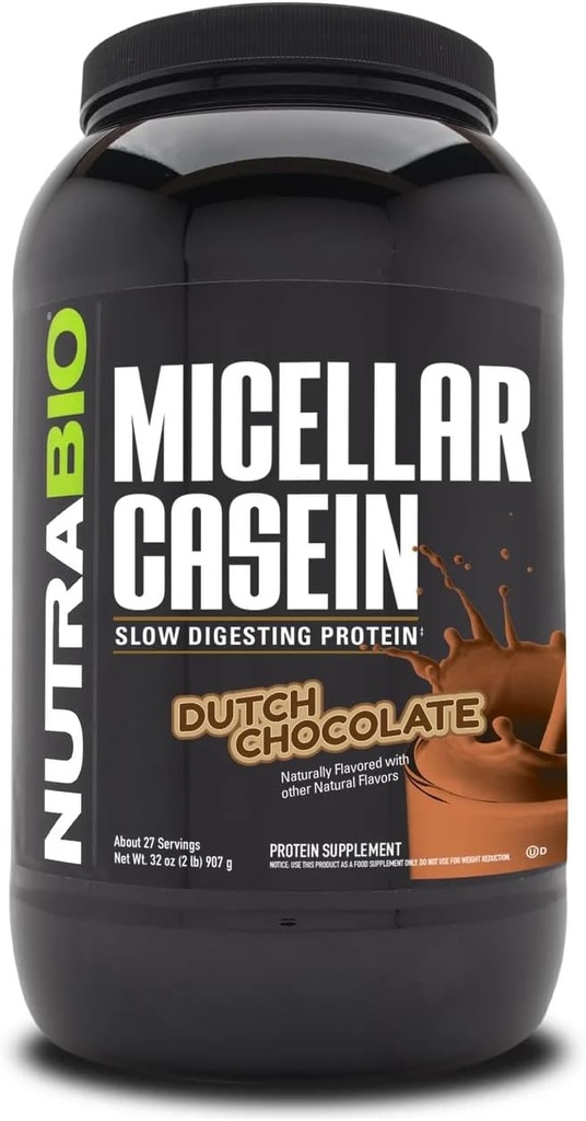 NutraBio Casein Protein Powder, Micellar Casien Powder, 25g Slow Digesting Protein, aiuta a mantenere pieno, Overnight Muscle Recovery & Growth, BCAA & EAA, Gluten Free, Soy Free, 2lb Chocolate