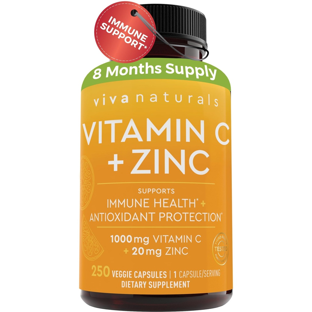 Viva Naturals Vitamin C and Zinc Supplements 1000mg - Zinc 20mg (250 Veggie Capsules) - High-Potency & Vitamin C with Zinc for Immune Support - Non-GMO, Gluten Free (8 Months Supply)