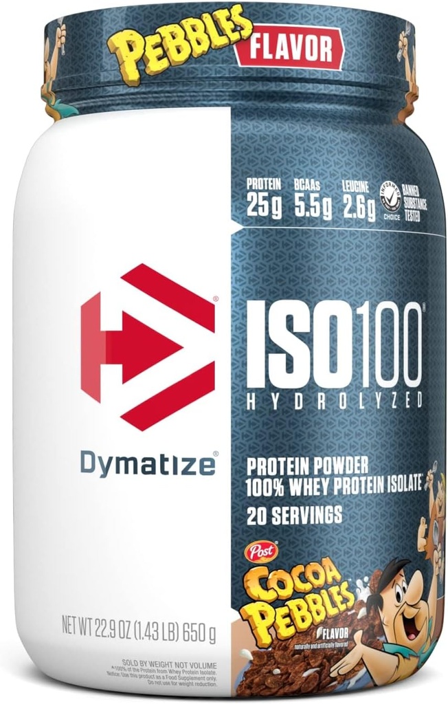 Dismatizar x Cocoa Pebbles ISO100 Proteína en po isolato, 25g de proteína, 20 porcións, 5.5g BCAAs, 120 Cal., Gluten Free, 1g Fat, 1g Sugar, 2g Carb