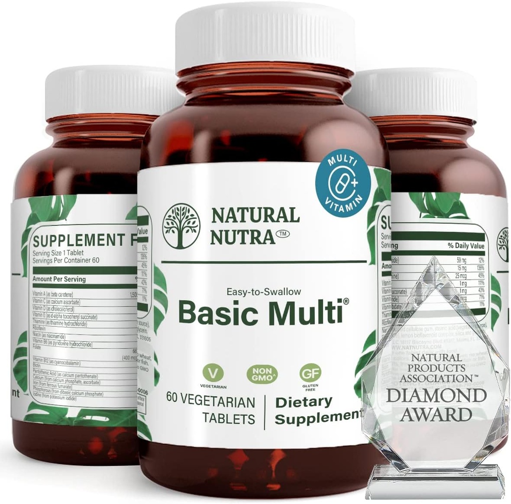 Natural Nutra Multivitamine și Minerale pentru Femei și Bărbați, Una pe zi Vitamina și Suplimentul, Vitamina B1, Calciu, Fier, Fosfor, Vegetarian, Gluten-Free, 60 comprimate ușor de înghițit
