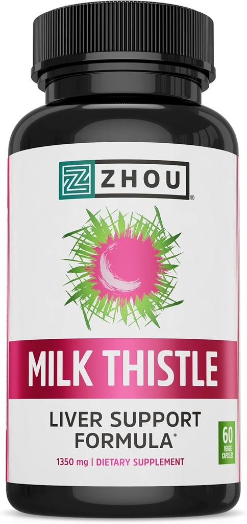 Zhou Milk Thistle - Suplemento de Saúde do Fígado, Extrato e Pó de Cardo de Silymarin para Homens e Mulheres, Suporte de Limpeza de Ervas, Saúde Metabólica - 60 Cápsulas Vegetarianas