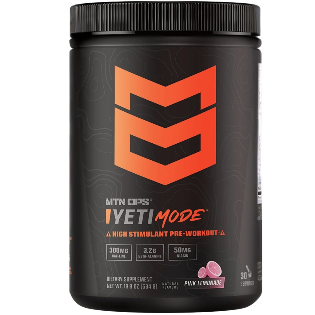 MTN OPS Yeti Mode Pre-Workout Powder - Explosive High-Stimulant with 300mg Caffeine, Creatine Monohydrate, Beta-Alanine, and 45mg Niacin - Pink Lemonade Flavor in 30 Serving Tub