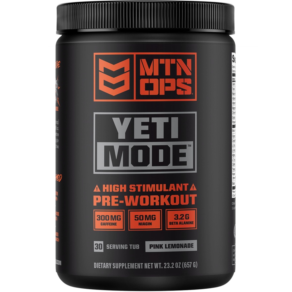 MTN OPS Yeti Mode Pre-Workout Powder - Explosive High-Stimulant with 300mg Caffeine, Creatine Monohydrate, Beta-Alanine, and 45mg Niacin - Pink Lemonade Flavor in 30 Serving Tub