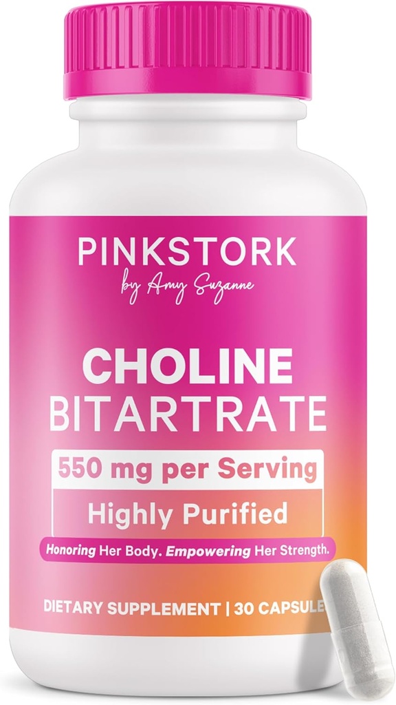 Pink Stork Holīns - 550 mg Holīna bitartrāts no VitaCholine grūtniecības un pēcdzemdību māmiņām - pirmsdzemdību vitamīns augļa kognitīvajai veselībai + krūts piena kvalitāte - 1 kapsulas dienā, 30 Skaits