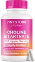 Pink Stork Choline - 550 mg Choline Bitartrate de la VitaCholine pentru gravide + Mamele postpartum - Vitamina prenatala pentru sanatate cognitiva fetala + calitatea laptelui matern - 1 capsule zilnic, 30 Conte