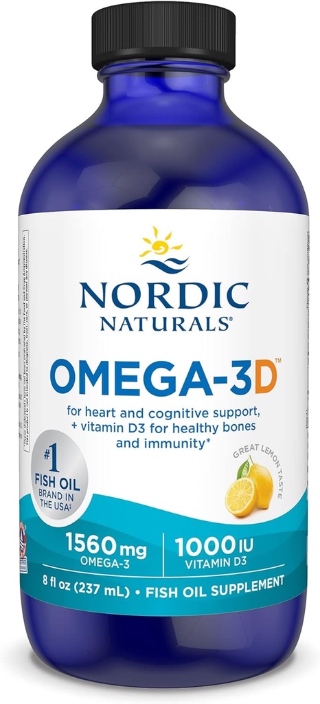 北欧自然Omega-3D,柠檬Flavor - 8 oz - 1560 mg Omega-3 + 1000 IU 维生素D3 - 鱼油 - EPA & DHA - 免疫支持,脑和心脏健康,健康骨头 - 非GMO - 48 服务