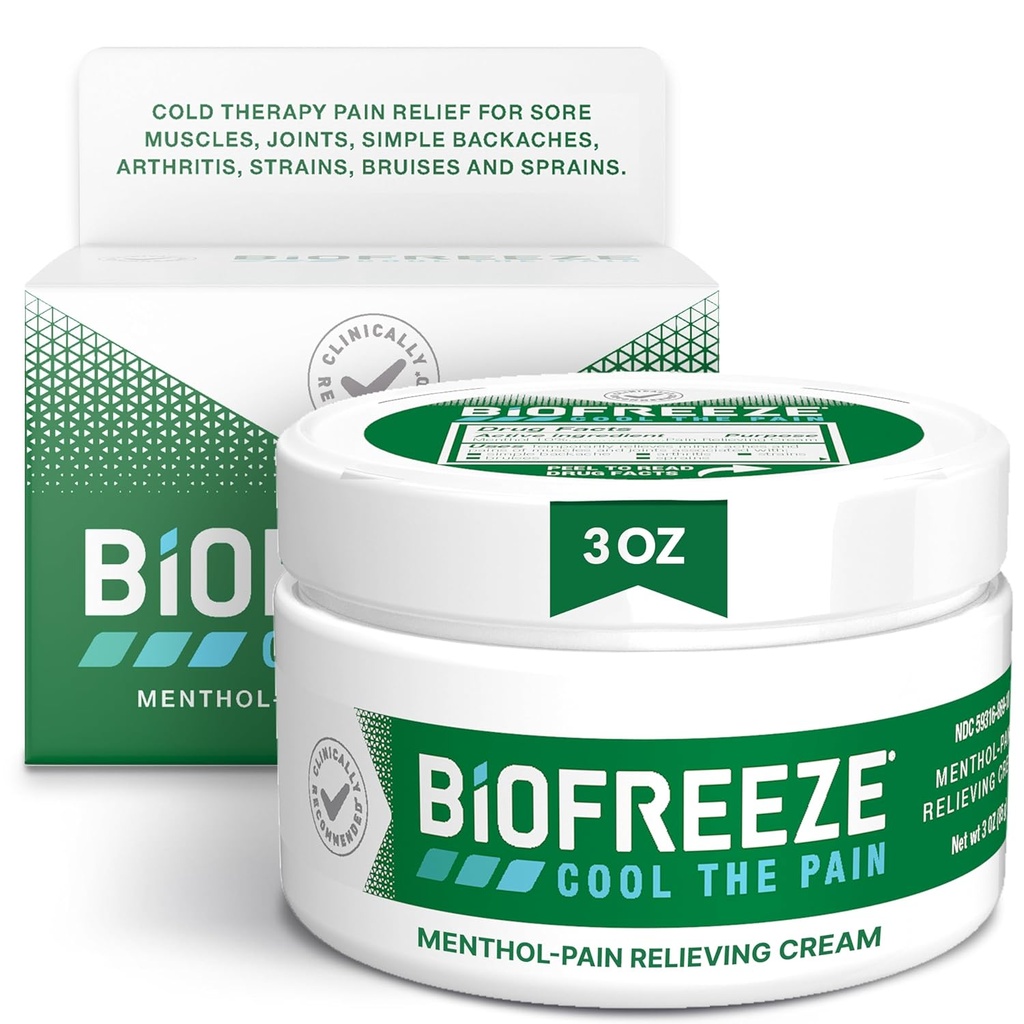 Biofreeze Skausmas paramos kremas Kelio, kaklo, Hip, bendras, Pečių, & Paprasta nugaros skausmas, Artritas Skausmas Nuovargis, Stora raumenų paramos, aušinimo mentolis skausmas kremas, 3 Oz