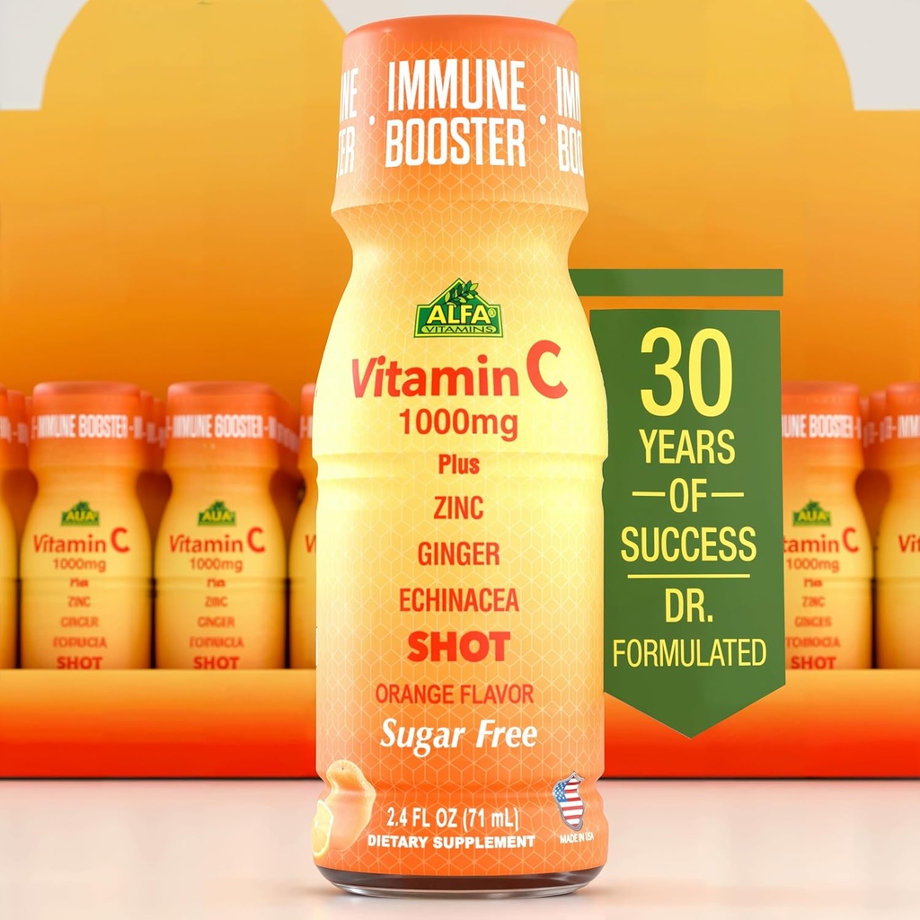 Vitamina C Shot 1000MG - Imunity Booster cu zinc, ghimbir, & Echinacea - Protejaţi-vă imunitatea - Lupta comun rece - Orange Flavor - 2.4 FL Oz flacon - 20 ambalaj