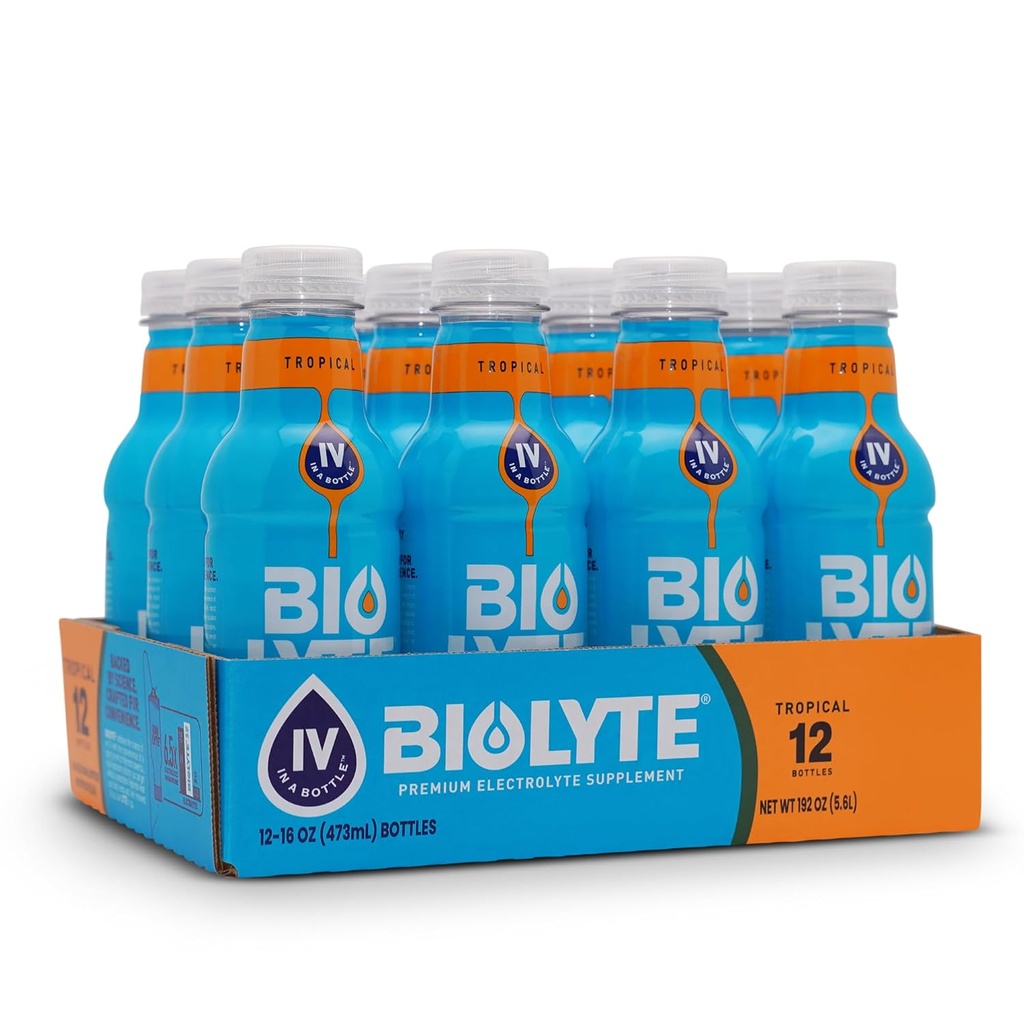 BIOLYTE Electrolyte Drink - Doctor-Formulated Hydration Drink, HSA & FSA Electrolytes Water, Chemotherapy Must Haves for Women & Men, Rehydration IV Liquid in a Bottle - Tropical, 16 Fl Oz (12 Pack)