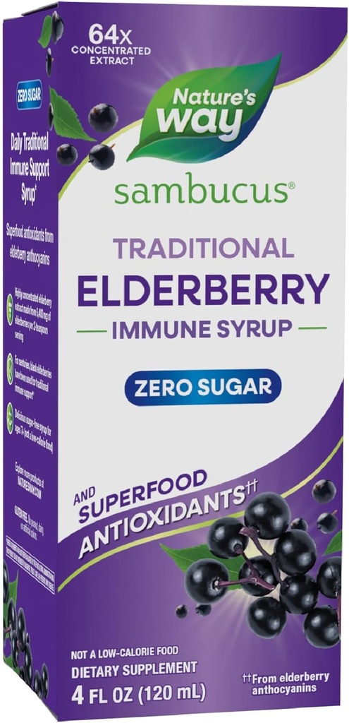 דרכו של הטבע Sambucus Zero Sugar מסורתי Immune Syrup, highly Concentrated Black Elderberry Extract, Immune Support *, עם Superfood Antioxidants(1), 4 Fl Oz (Packaging May Vary)