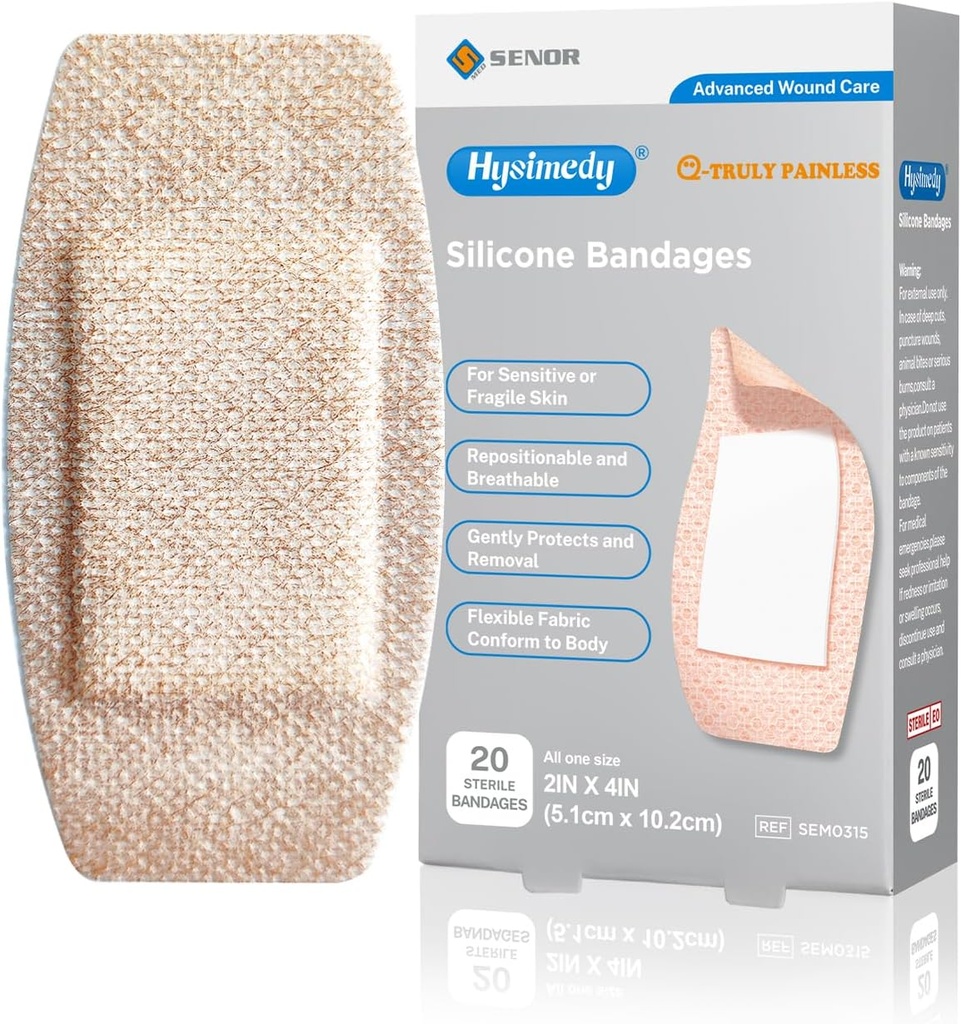 Silikonklebende Bandages Store størrelser for sensitive fragile hud 2"x4" 20 grev fleksibel stoff Latex Free Hypoallergenic pustende XL Bandages for kleslige allergisår