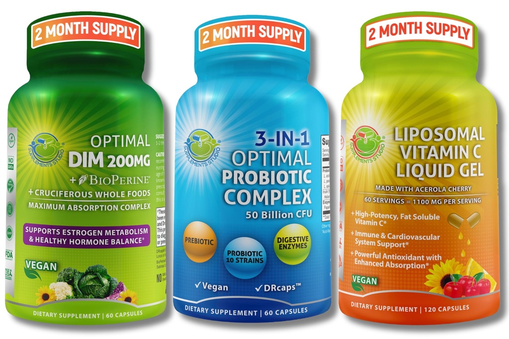 Hormonal, Digestive & Immune Support Bundle - DIM 200mg with BioPerine® & Cruciferous Whole Foods + Vegan 3-in-1 Probiotic 50 Billion CFU + Liposomal Vitamin C 1100mg with Acerola Cherry - No Fillers
