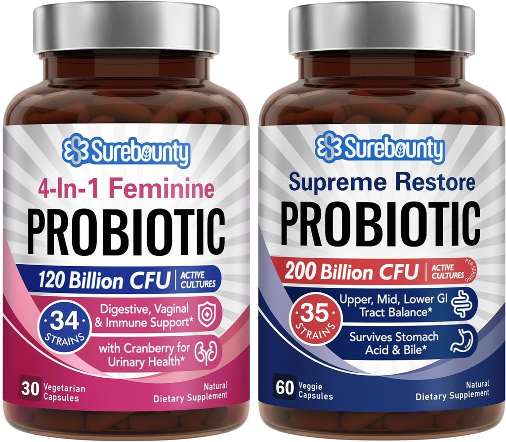 Probiotisk Bundle, 4-i-1 Feminin Probiotic (30ct) och Supreme Restore Probiotic (60ct), 2 Packs, Cranberry Vaginal Support, GI Tract Balance, Vegan, Non-Dairy
