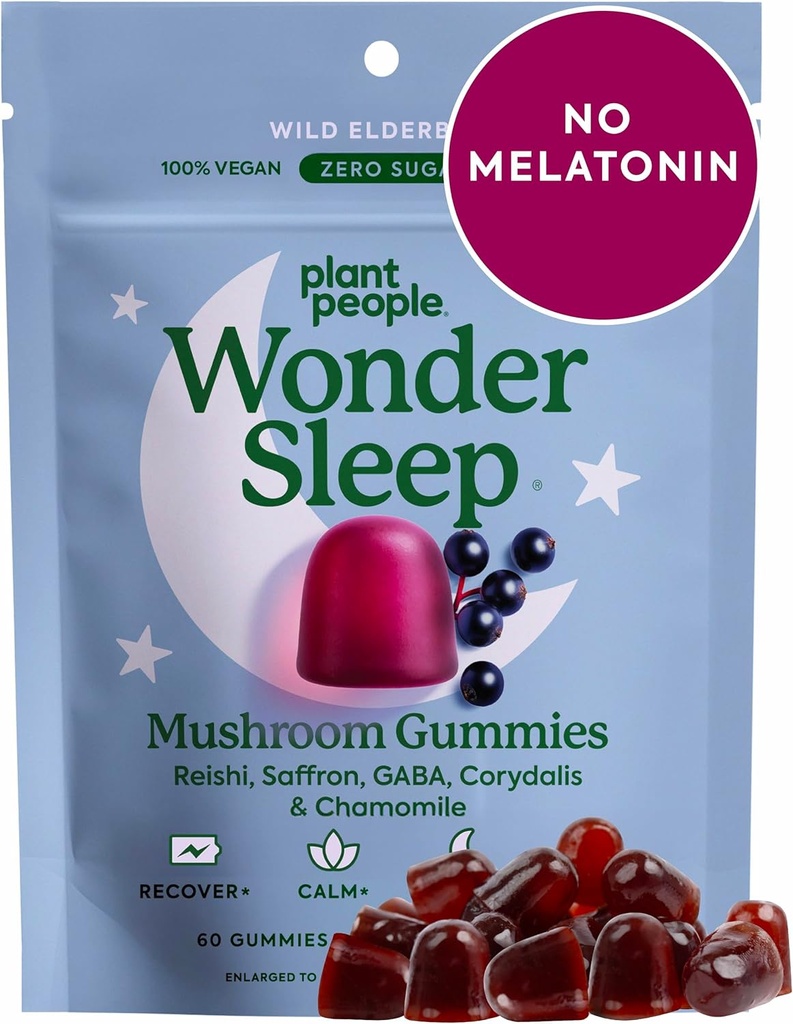 Plant People WonderSleep Gummies Suplement do snu i relaksu z Reishi Super Mushrooms, Wild Elderberry Flavor, No Sugar (60 Count)