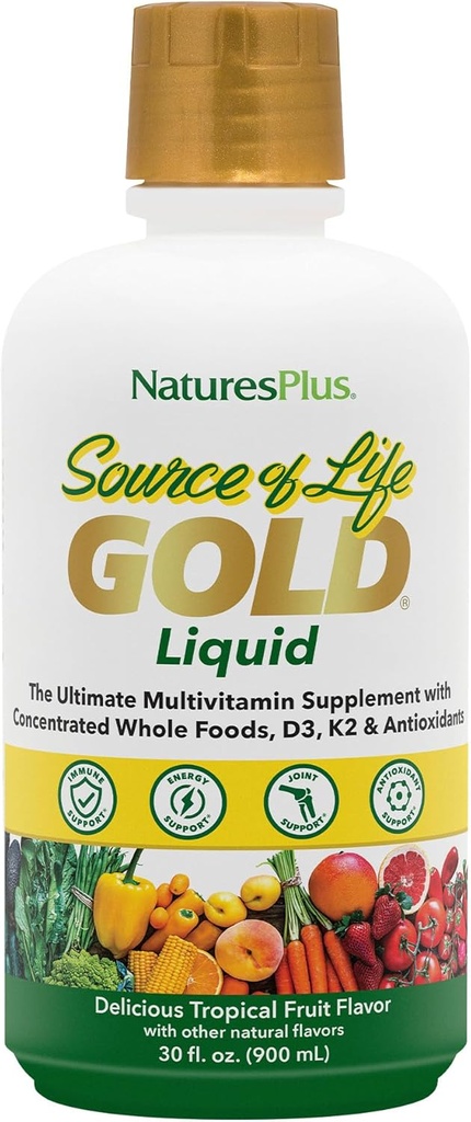 NaturesPlus Source de vie Multivitamine d'or liquide - 30 oz - avec des vitamines D3, B12 et K2 - Soutien du sang, des os et des immunes - Végétarien et sans gluten - 30 portions