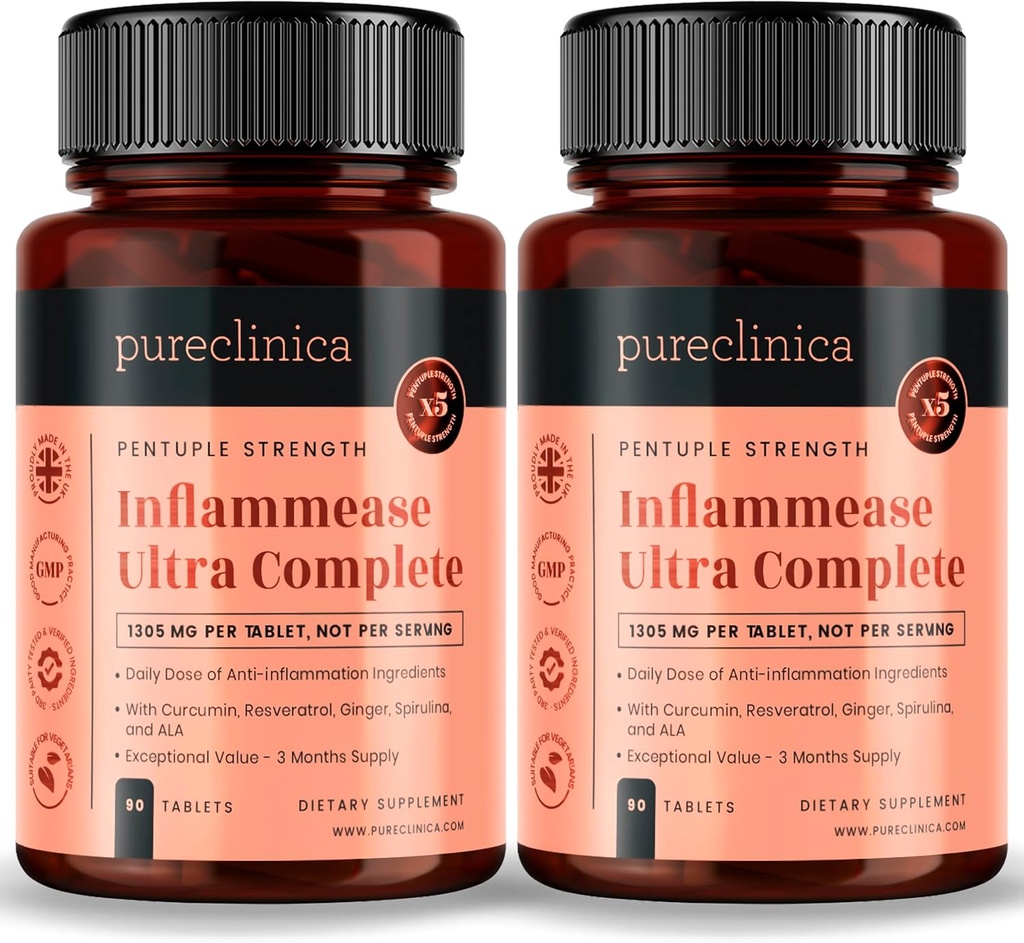 pureclinica Inflammease Ultra Complete (Resveratrol, Ginger, ALA, Spirulina, Curcumin- 5 Suplimente într-un singur) 1305mg x 180 comprimate - 2 flacoane de 90 comprimate - 6 luni de aprovizionare!