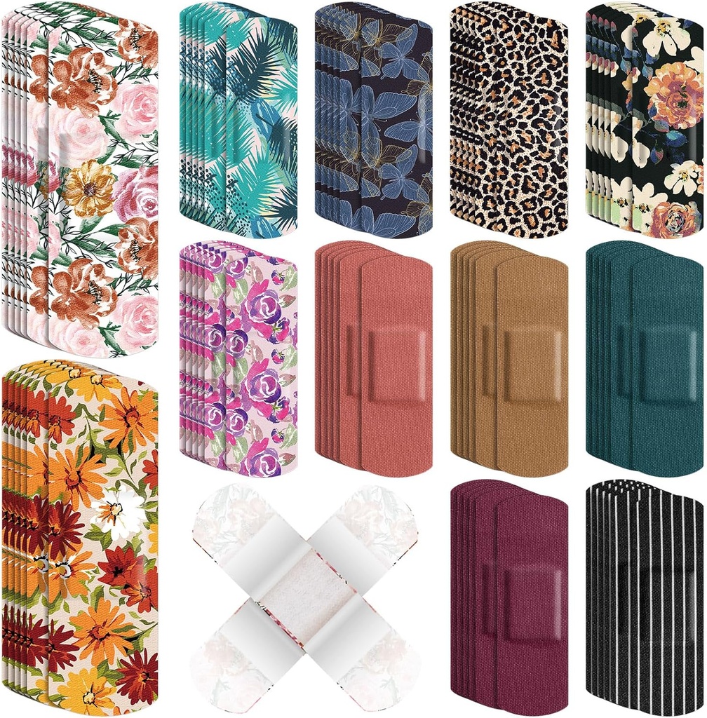 180 Pcs Flexible Fabric Adhesive Bandages Bulk Assorted Bandages Floral Breathable Fabric Strip with Non Stick Pad, Flexible Protection Wound Care for Women Cuts Scrapes First Aid, 12 Styles
