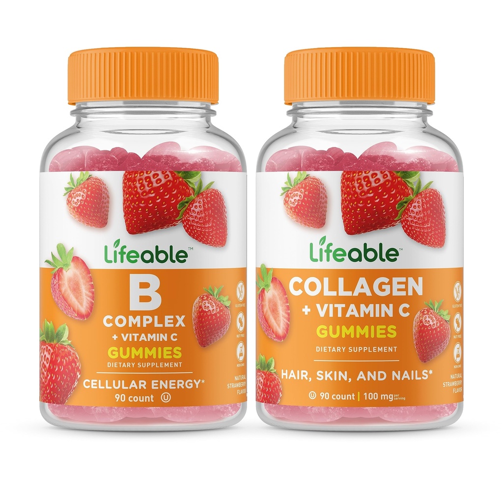 Lifeable B Complex + Collagen & Vitamin C, Gummies Bundle - Great Tasting, Vitamin Supplement, Gluten Free, GMO Free, Chewable Gummy