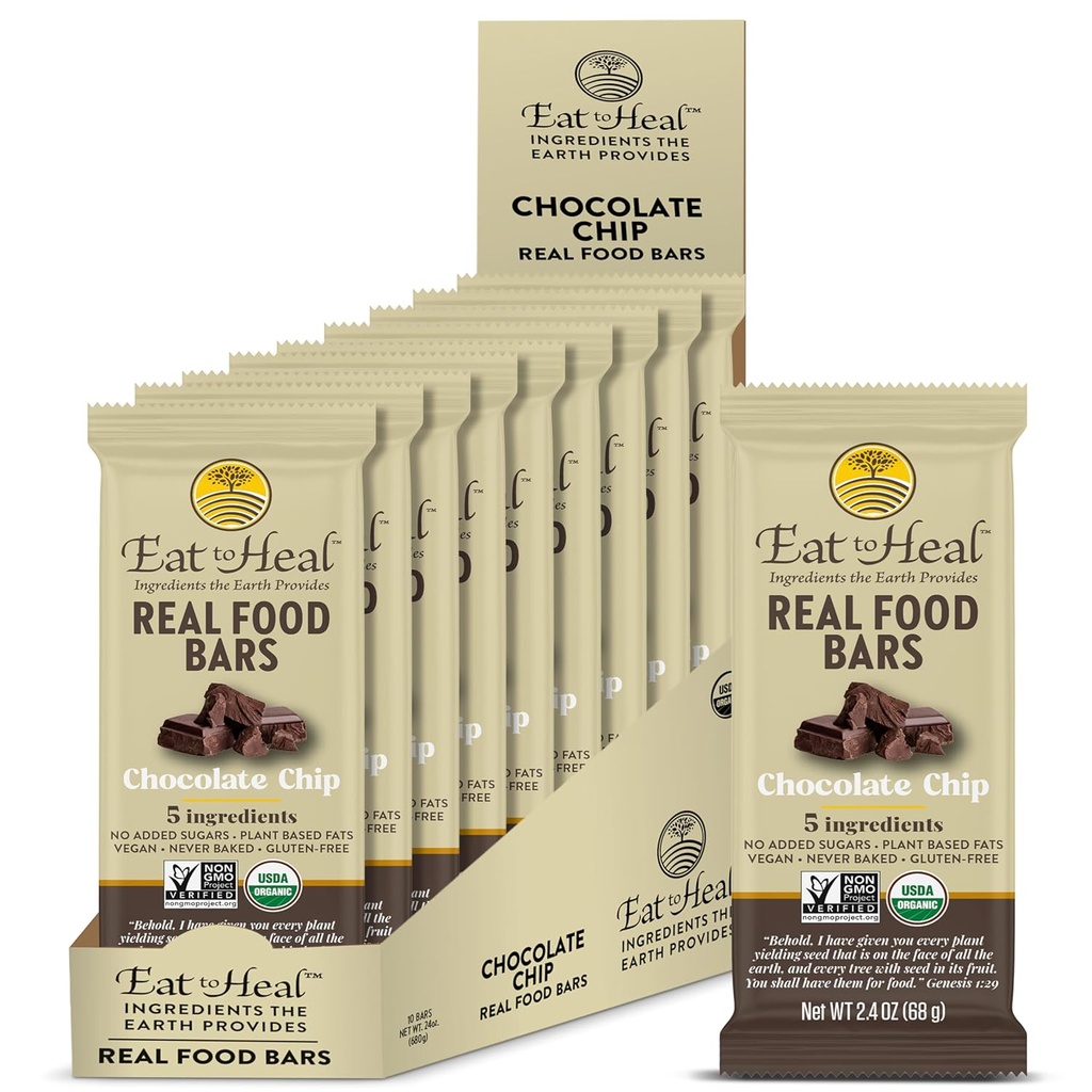 EatToHeal Chocolate Chip Real Food Bar - אורגני בריאות טבעונית Gluten Free Protein Bars - Low Sugar Meal החלפת Bar, Non GMO, Never Baked, Plant Based - נועד ליהנות, לא לשבת על Shelves