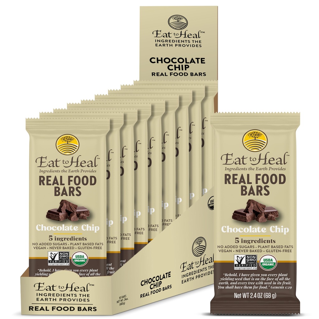 EatToHeal Chocolate Chip Real Food Bar - Organic Vegan Healthy Gluten Free Protein Bars - Low Sugar Meal Replacement Bar, Non GMO, Never Baked, Plant Based - Crafted to Enjoy, Not Sit on Shelves