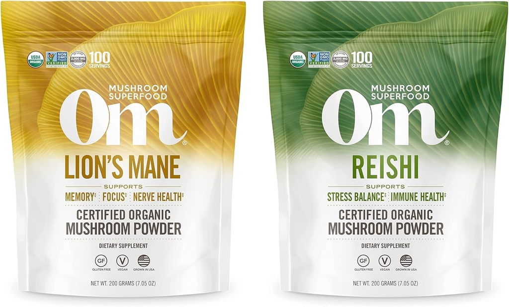 OM MUSHROOM SUPERFOOD 7.05oz Bundle, polvere di funghi organici Mane & Reishi di Lion, 200 Servings
