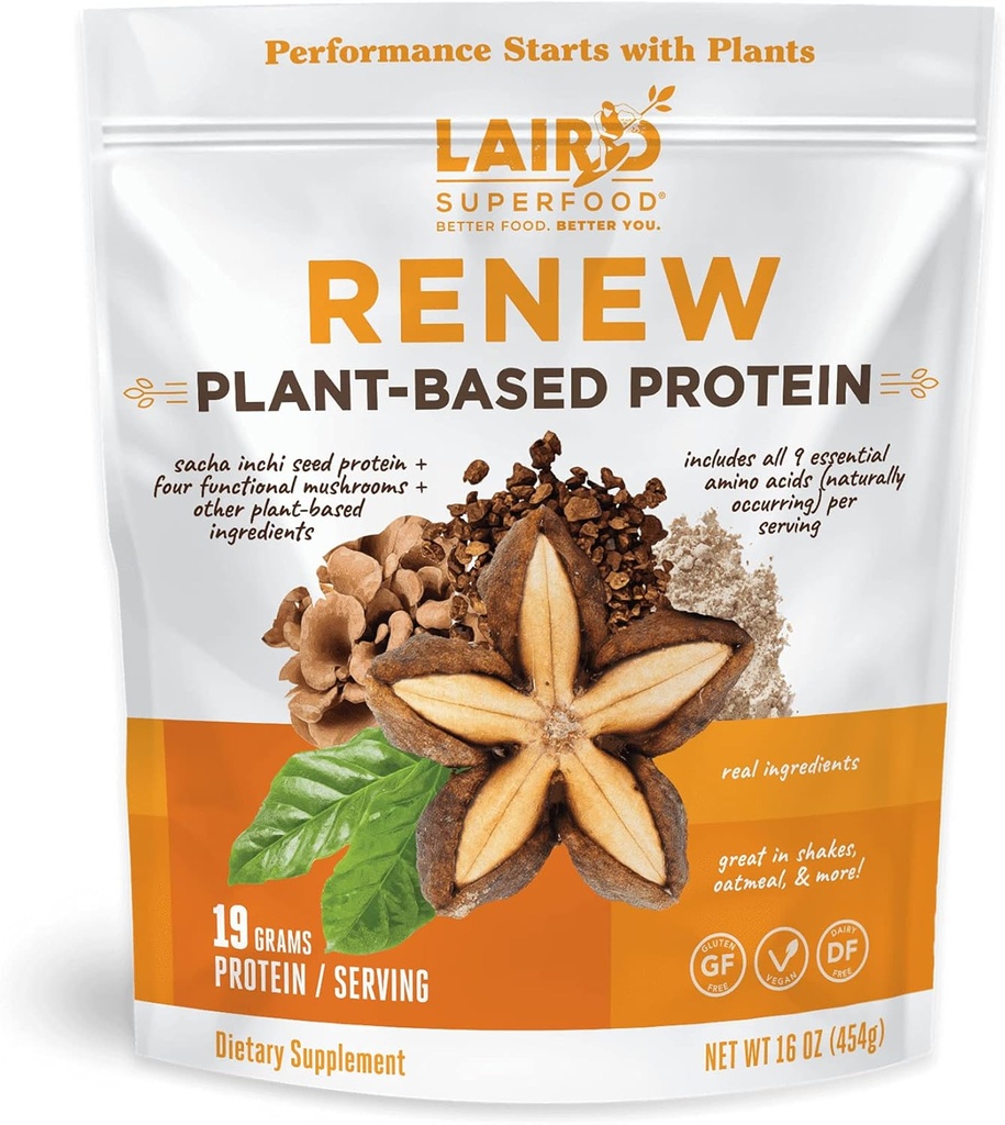 Laird Superfood Renew Plant-based Protein Powder, 19 Grams Protein, Vegan z Sasha Inchi Seed Protein, Štiri Funkcionalne gobe, Brez glutena, brez mleka, 16 oz. Vreča