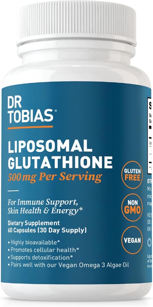 Dr. Tobias Liposomālā Glutatione, 500mg Per Servē ļoti biopieejams Glutatione Papildinājums, Atbalsta enerģija, āda un imūnā veselība - Vegan, no lipekļa brīvas, ne-GMO, 60 kapsulas, 30 Servējumi