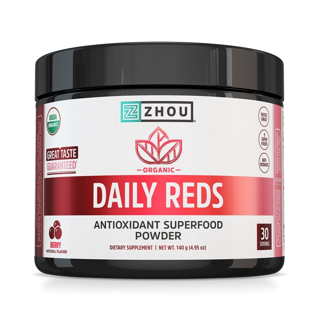 Zhou Organic Reds Powder - Red Powder Superfood with Beetroot, Super Fruits, Goji Berry, & Tart Cherry, Antioxidant Support for Whole-Body Health - Natural Berry Flavor, 4.95 oz (30 Servings)