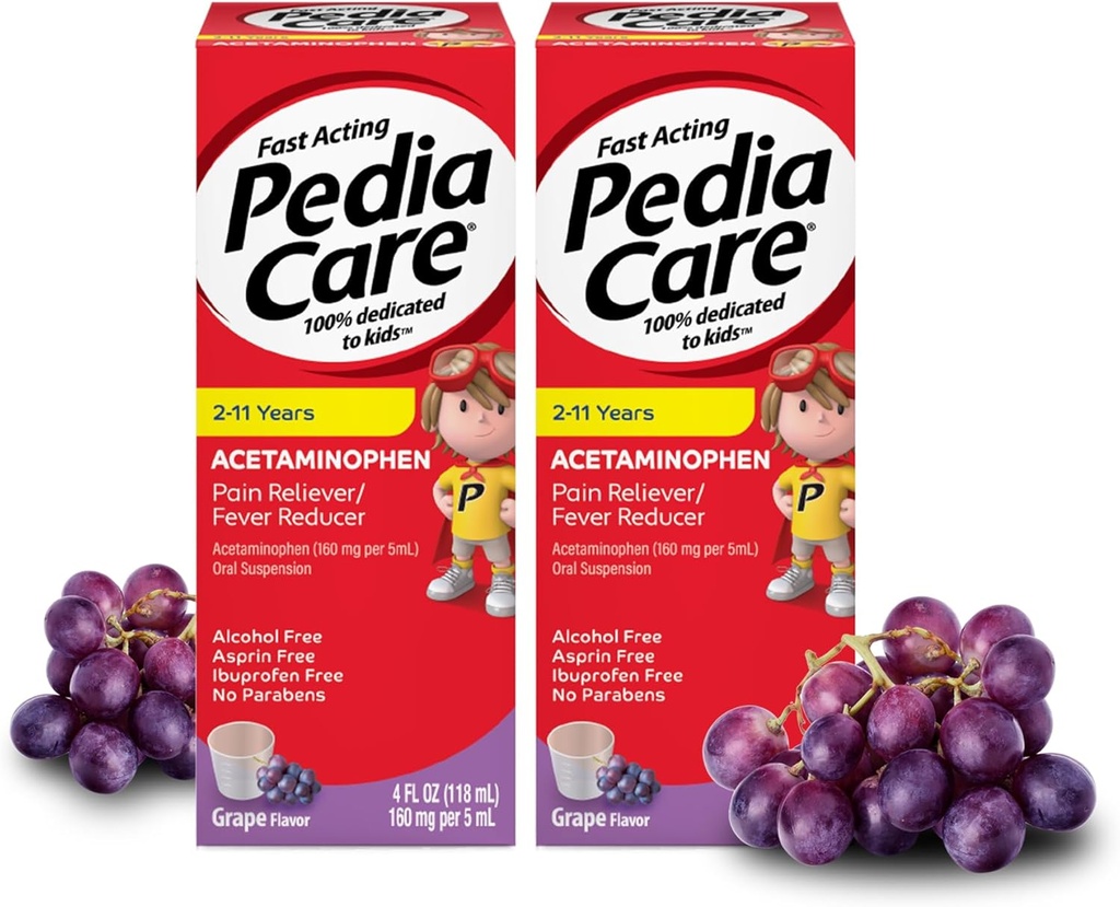 Reliever/Redutor de Febre Infantil com Acetaminofeno Suspensão Oral, Idades 2-11, Álcool ou Aspirina Zero ou Ibuprofeno, Sabor de Uva, 4 fl oz (2 embalagem)