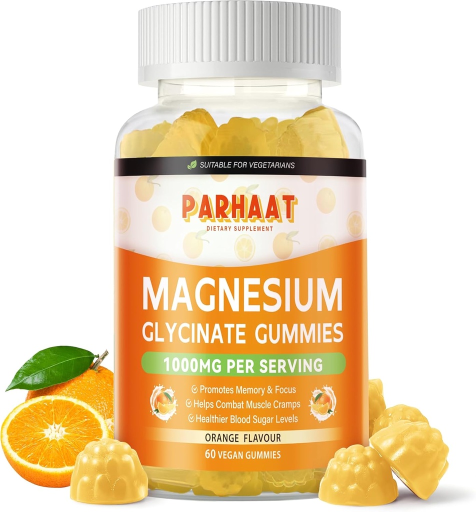 Magnezyum Glycinate Gummies 1000mg - Vitamin D, B6, Q10 Calm Mood & Sleep Support - 60 Orange Gummies