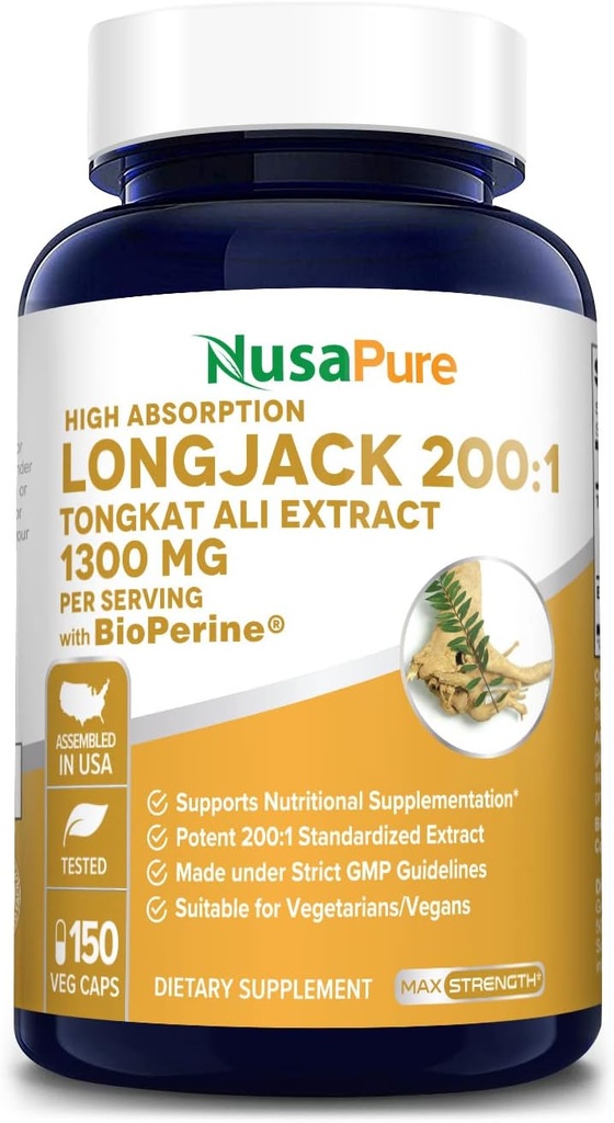 NusaPure Longjack Tongkat Ali 260,000mg 150 Veggie Caps (Non-GMO, Gluten Free) Bioperin