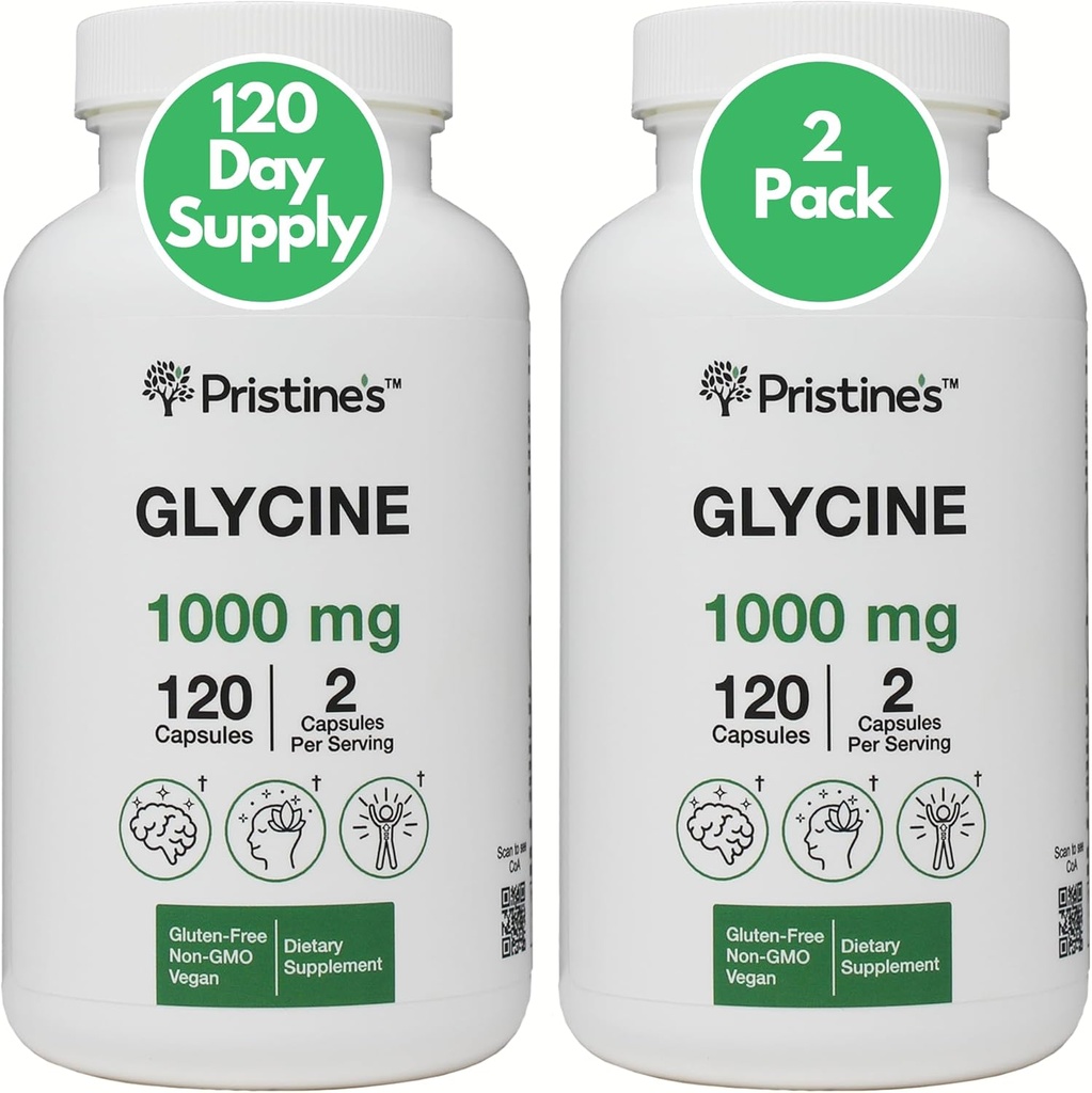 PRISCEIME'S Glycine (2 แพค) 1000M Amino Carida สนับสนุนการหลับใหล capsolution capsolle - 120 Day Supsives - Researchy, Collagen & Childney Supplement – Romeman, Not GMO, Gluten Free.