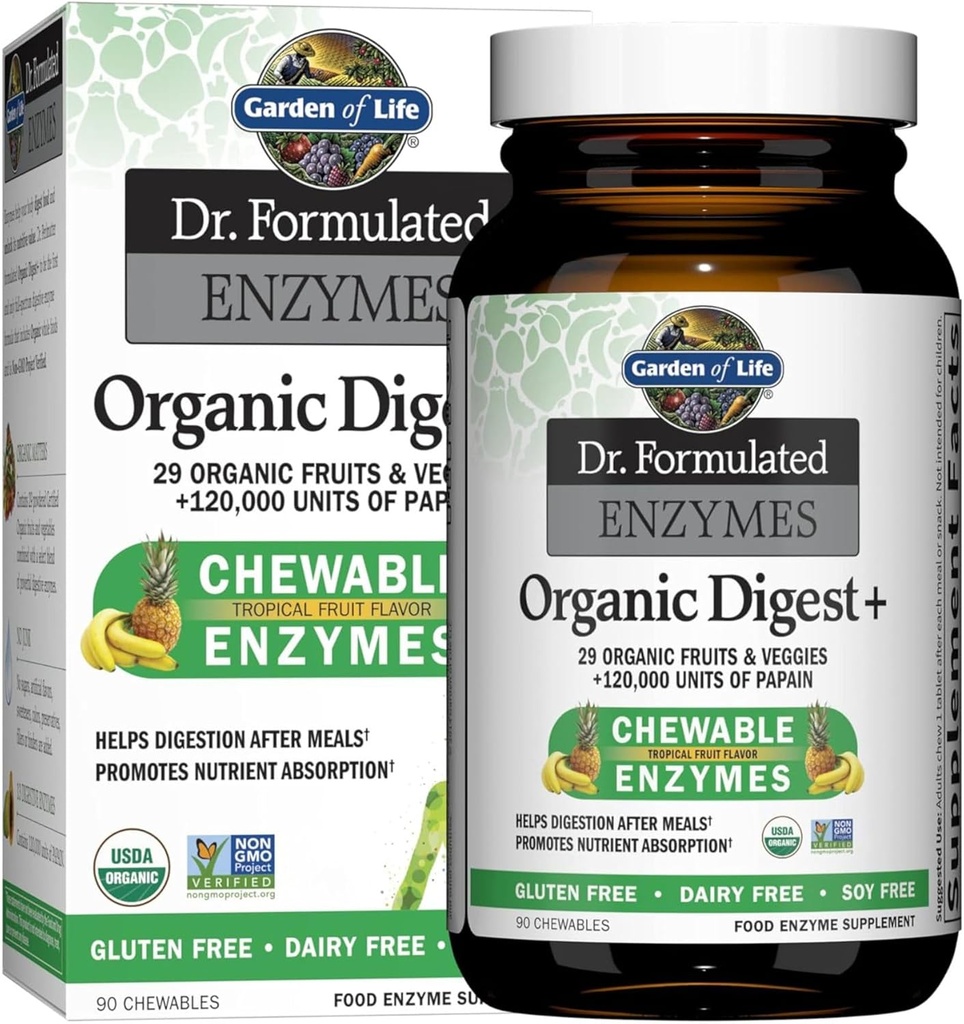 Garten des Lebens Dr. Formulierte Verdauungsenzyme mit Papain, Bromelain, Lipase für Verdauung & Nährstoffabsorption – Organic Digest+ - Vegan, Glutenfrei, Non-GMO, Tropical Fruit Flavor, 90 Chewables
